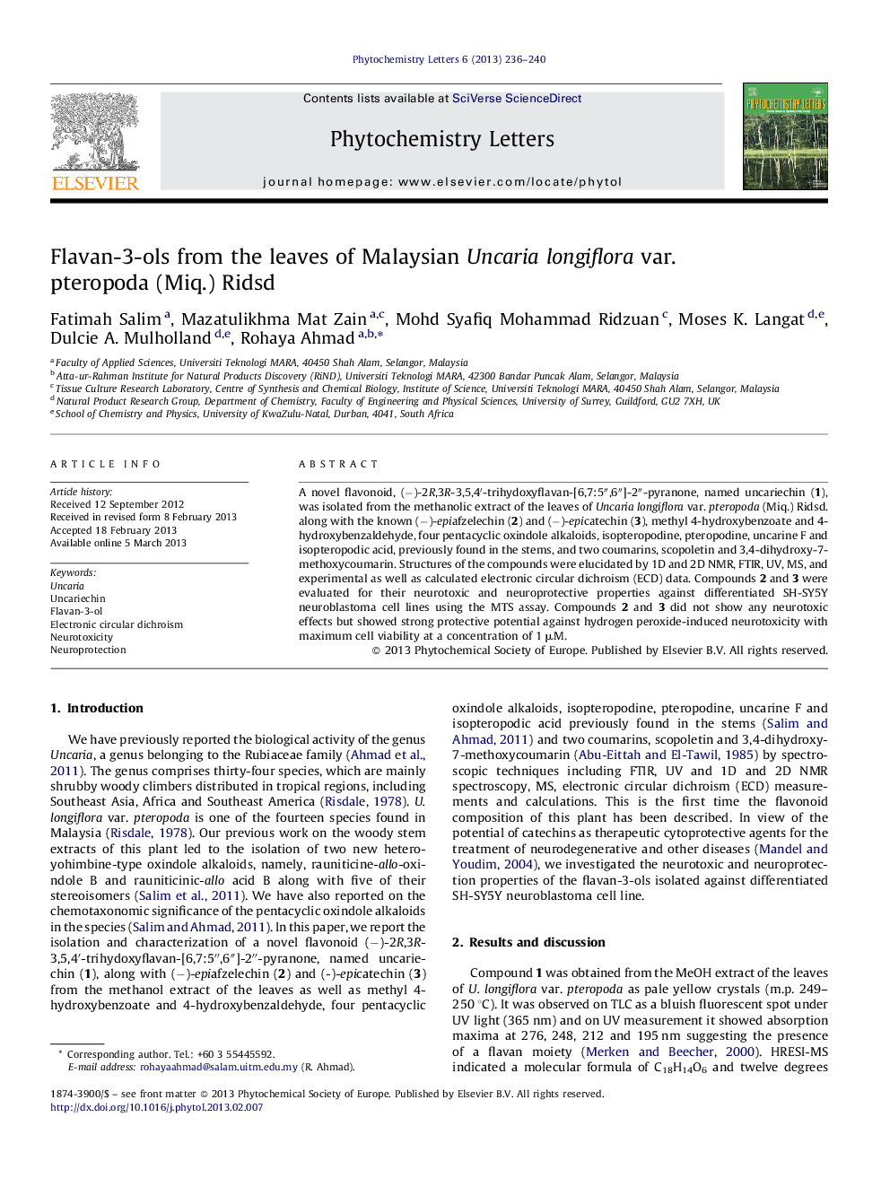 Flavan-3-ols from the leaves of Malaysian Uncaria longiflora var. pteropoda (Miq.) Ridsd