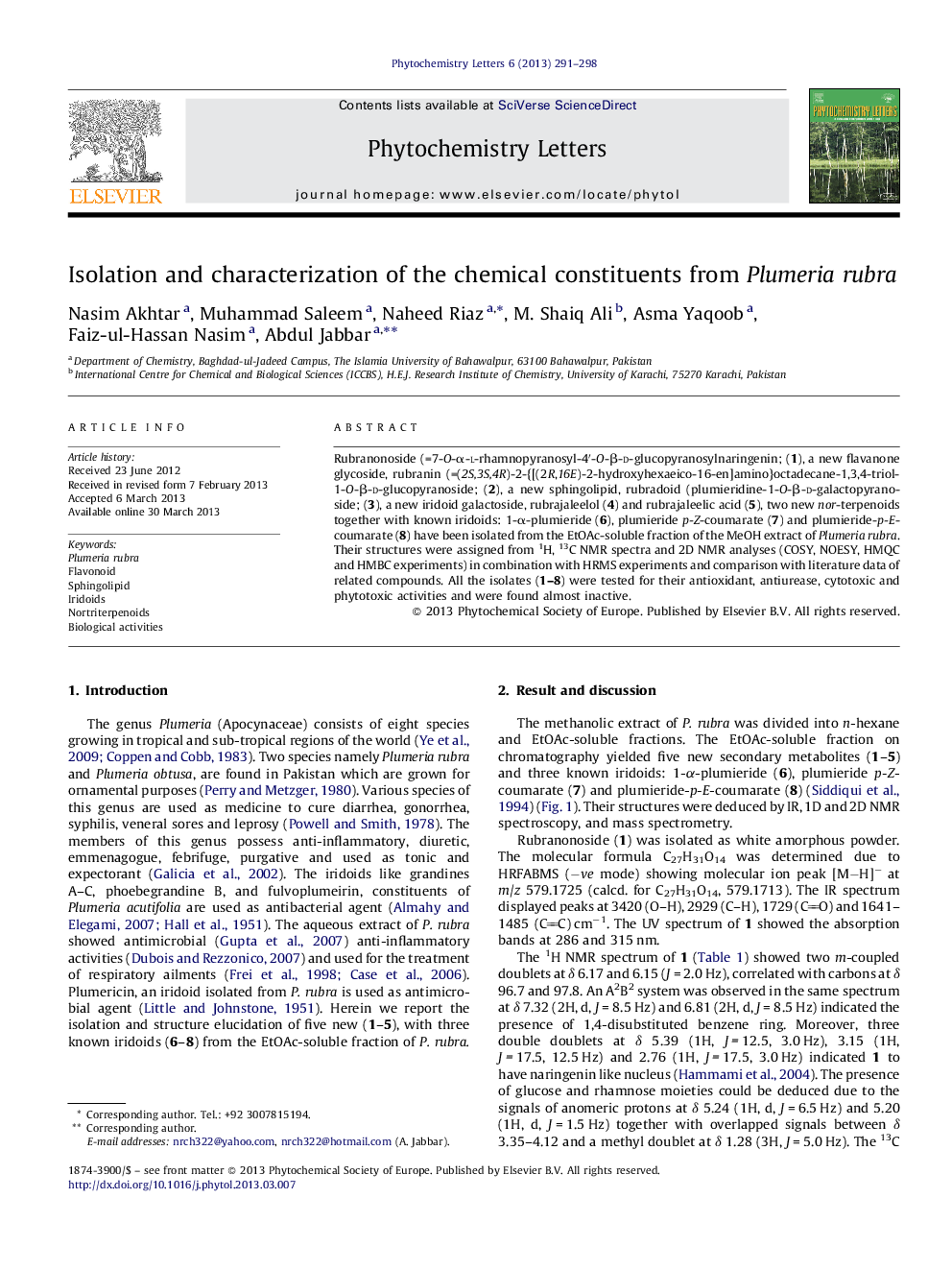 Isolation and characterization of the chemical constituents from Plumeria rubra