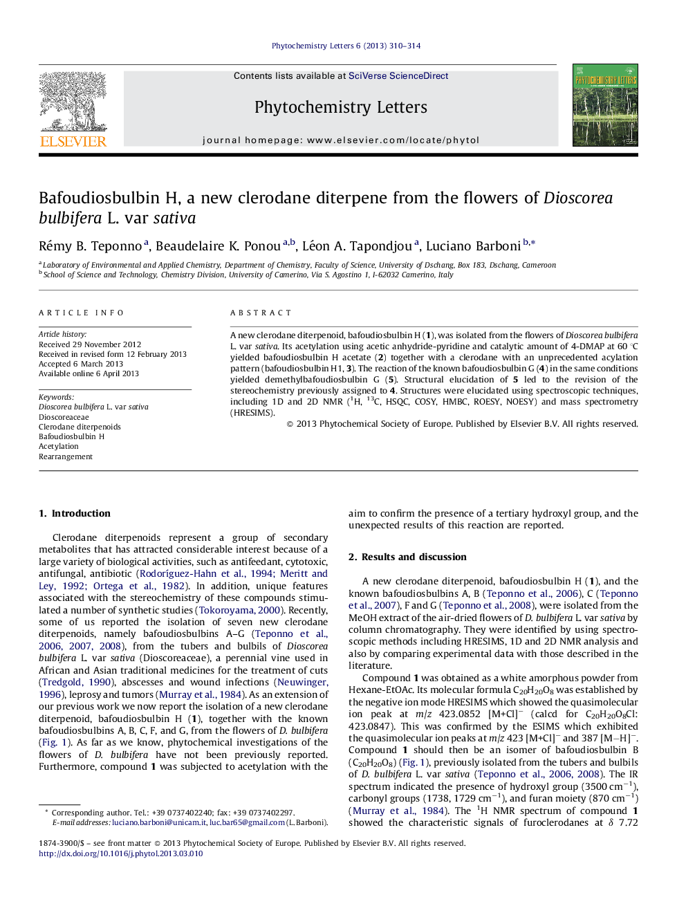 Bafoudiosbulbin H, a new clerodane diterpene from the flowers of Dioscorea bulbifera L. var sativa