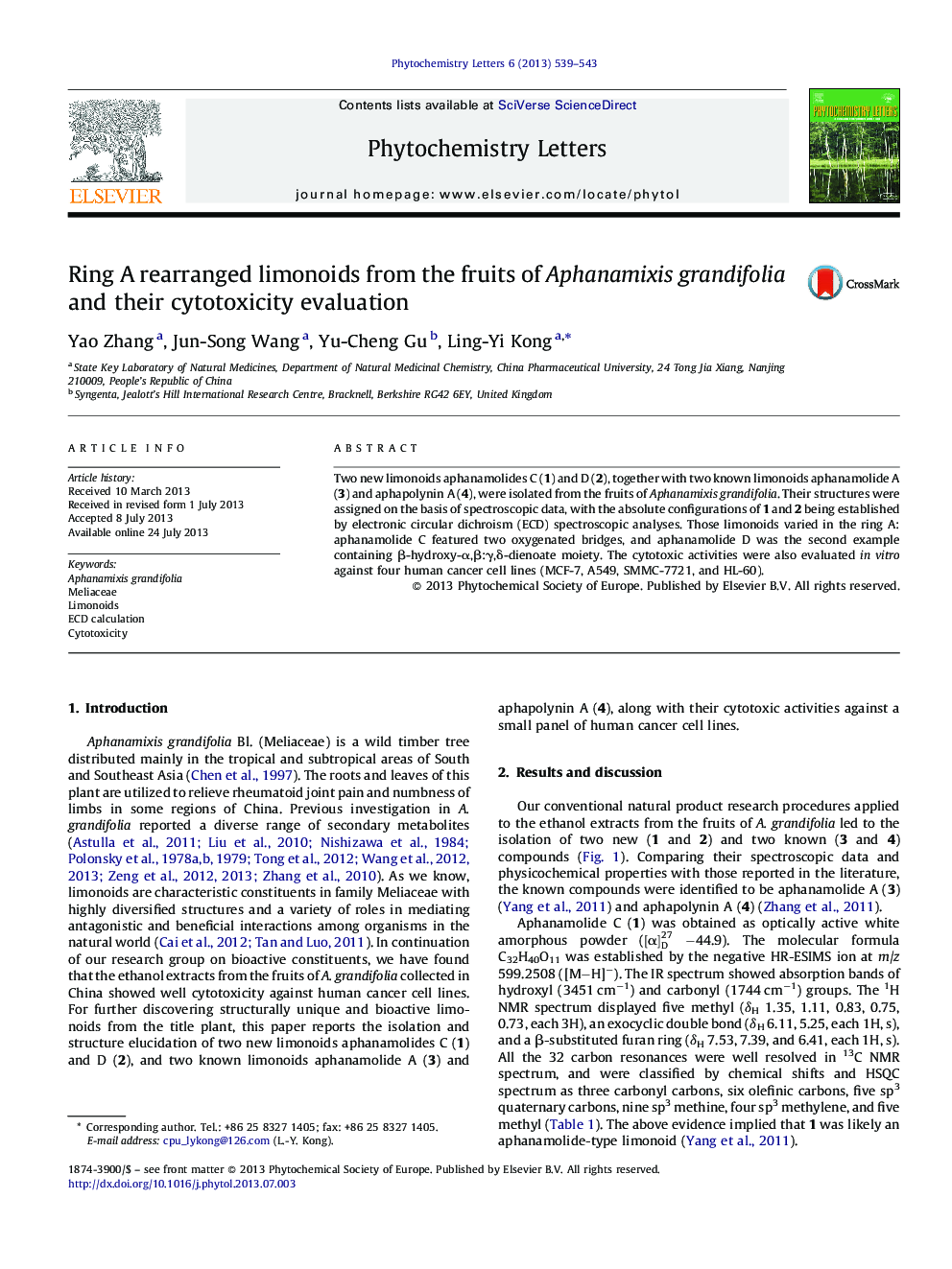 Ring A rearranged limonoids from the fruits of Aphanamixis grandifolia and their cytotoxicity evaluation