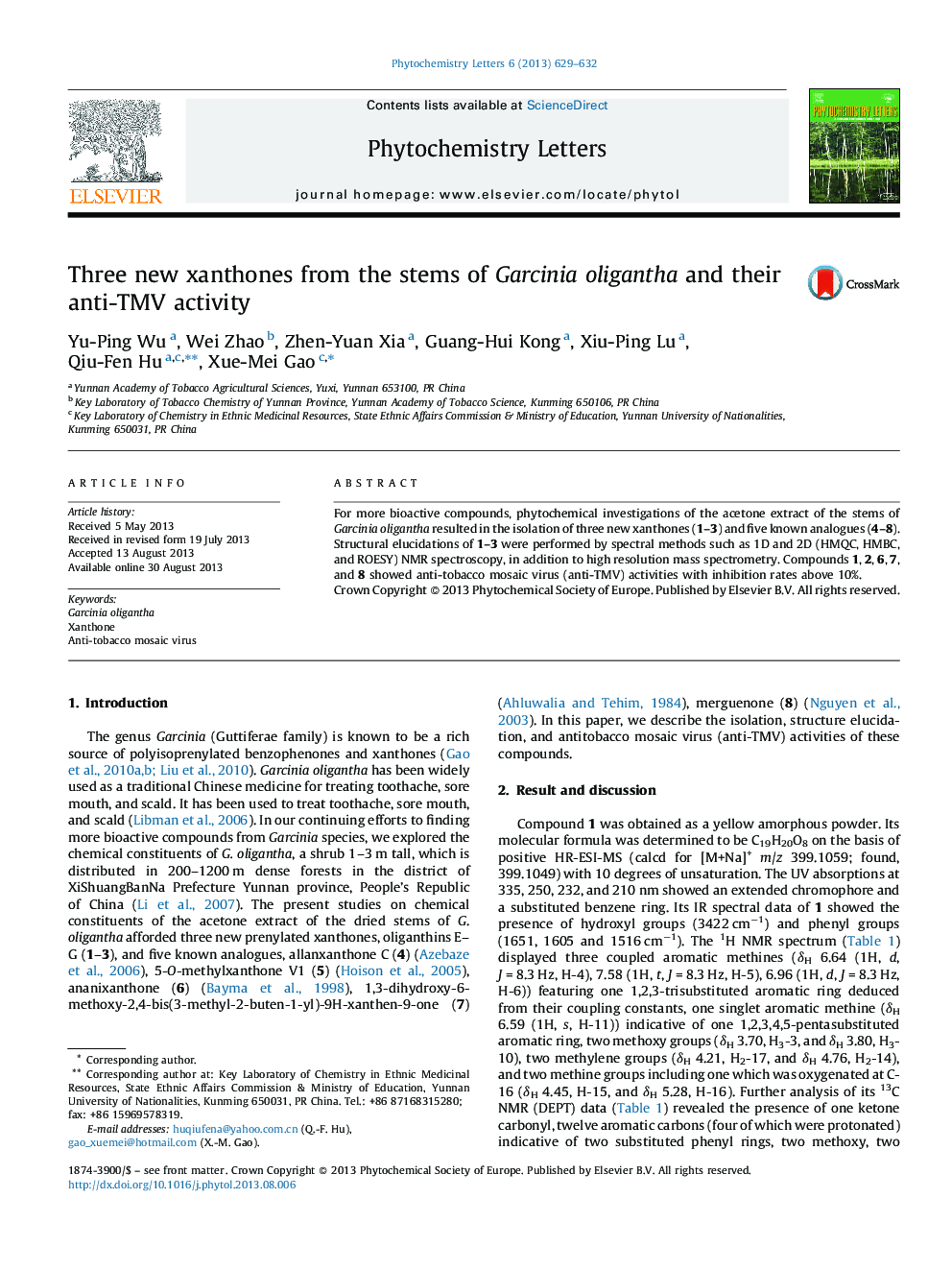 Three new xanthones from the stems of Garcinia oligantha and their anti-TMV activity