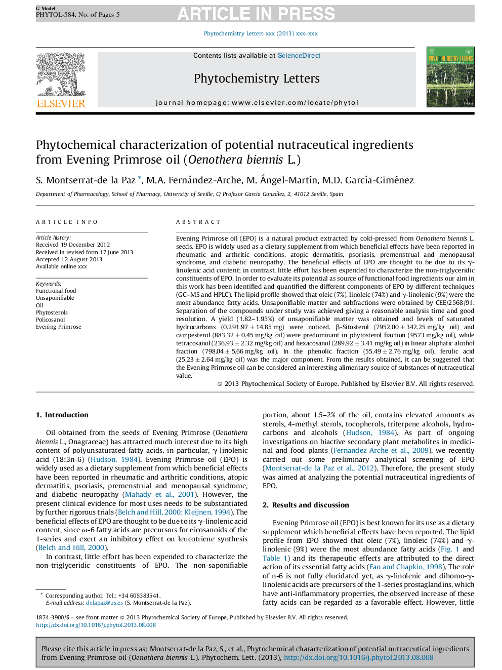 Phytochemical characterization of potential nutraceutical ingredients from Evening Primrose oil (Oenothera biennis L.)