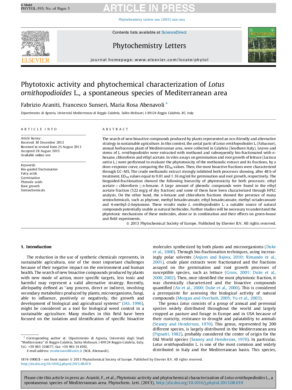 Phytotoxic activity and phytochemical characterization of Lotus ornithopodioides L., a spontaneous species of Mediterranean area