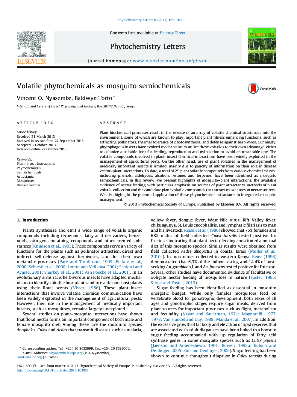 Volatile phytochemicals as mosquito semiochemicals