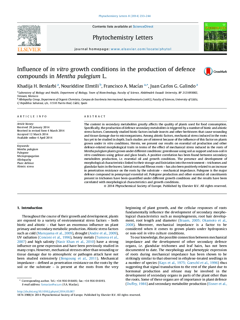 Influence of in vitro growth conditions in the production of defence compounds in Mentha pulegium L.