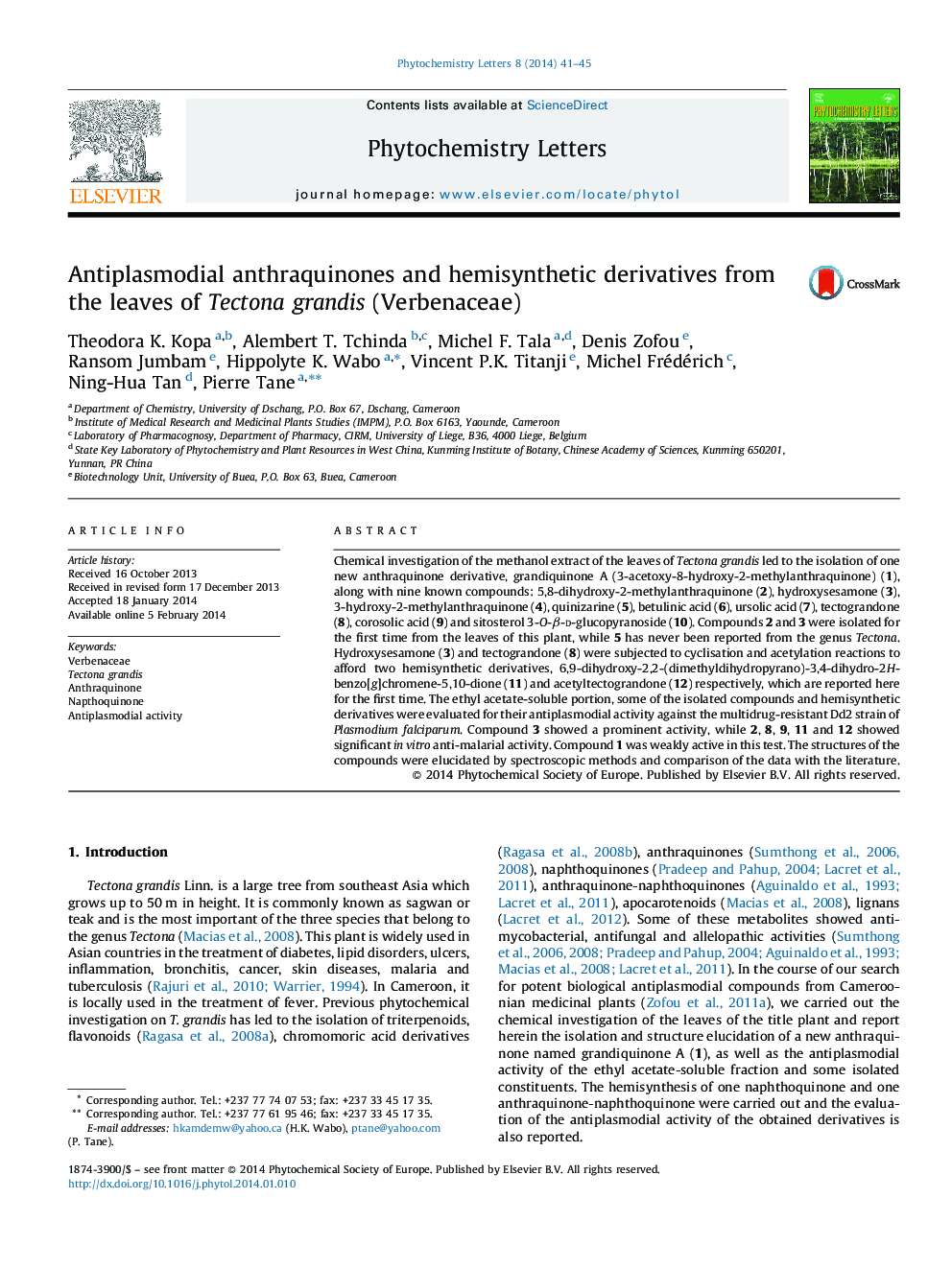 Antiplasmodial anthraquinones and hemisynthetic derivatives from the leaves of Tectona grandis (Verbenaceae)