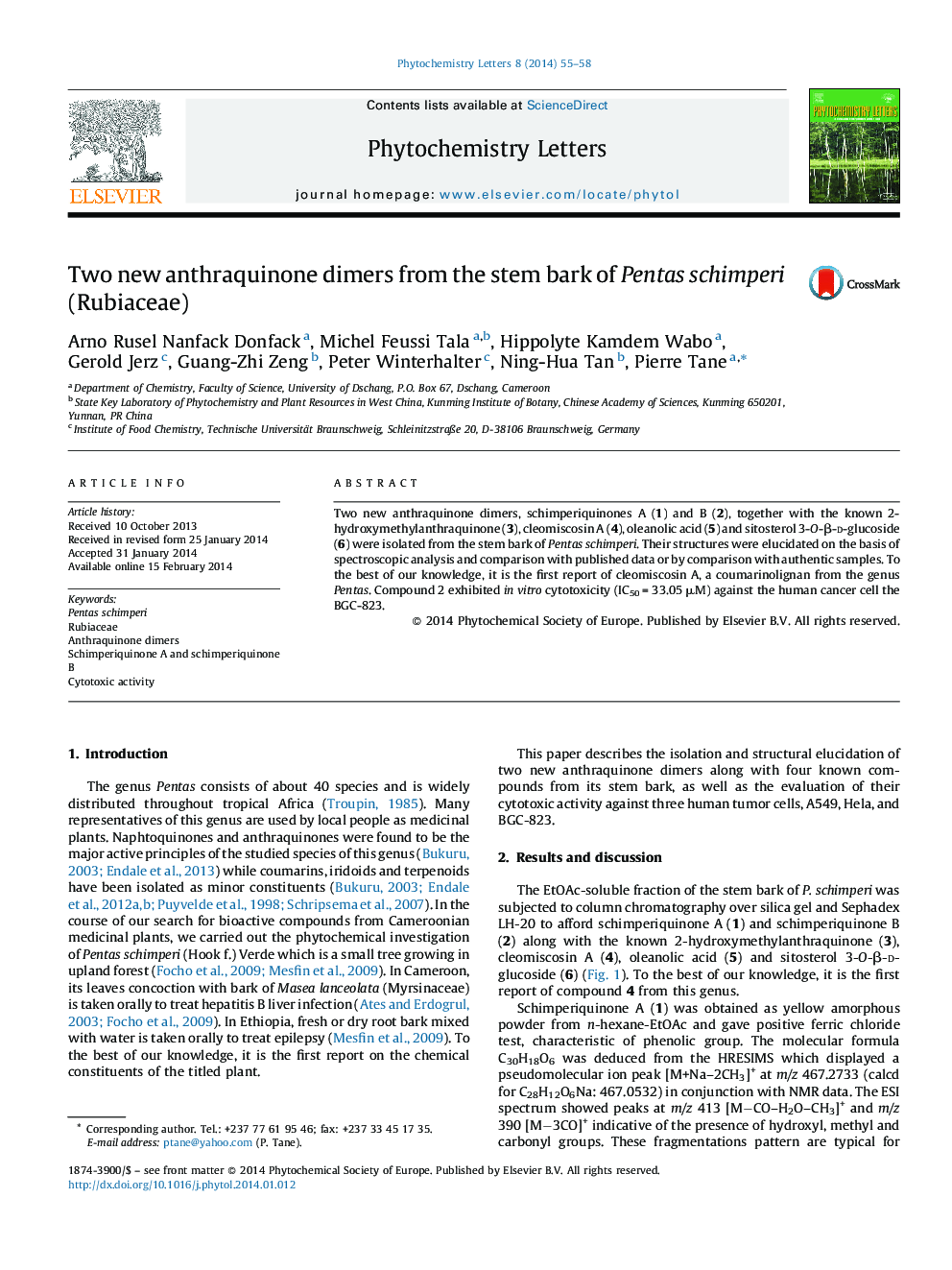 عکس صفحه اول مقاله: Two new anthraquinone dimers from the stem bark of Pentas schimperi (Rubiaceae) Two new anthraquinone dimers from the stem bark of Pentas schimperi (Rubiaceae)
