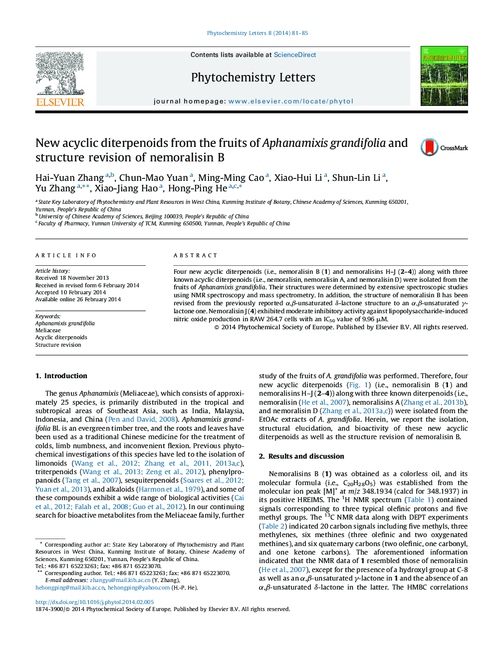عکس صفحه اول مقاله: New acyclic diterpenoids from the fruits of Aphanamixis grandifolia and structure revision of nemoralisin B New acyclic diterpenoids from the fruits of Aphanamixis grandifolia and structure revision of nemoralisin B