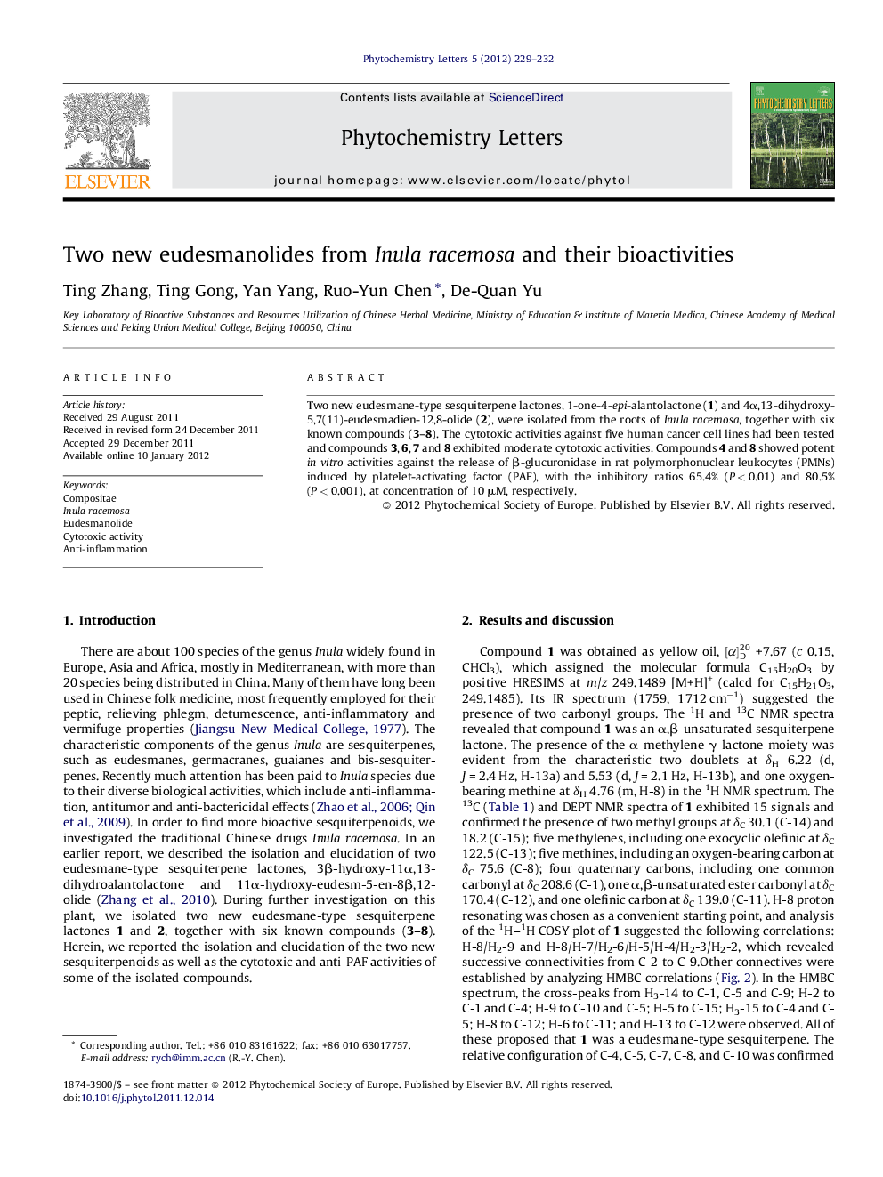 Two new eudesmanolides from Inula racemosa and their bioactivities