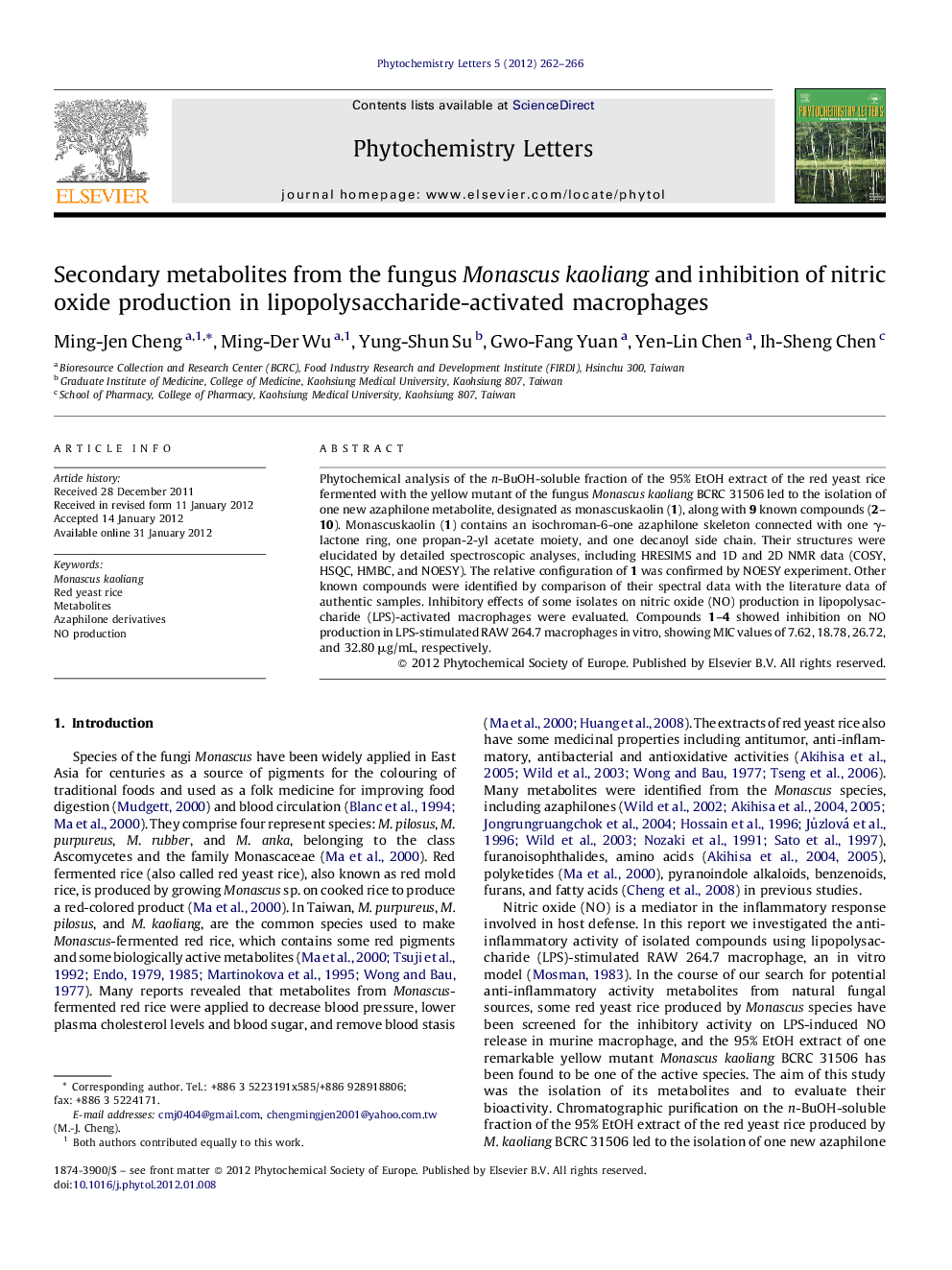 Secondary metabolites from the fungus Monascus kaoliang and inhibition of nitric oxide production in lipopolysaccharide-activated macrophages