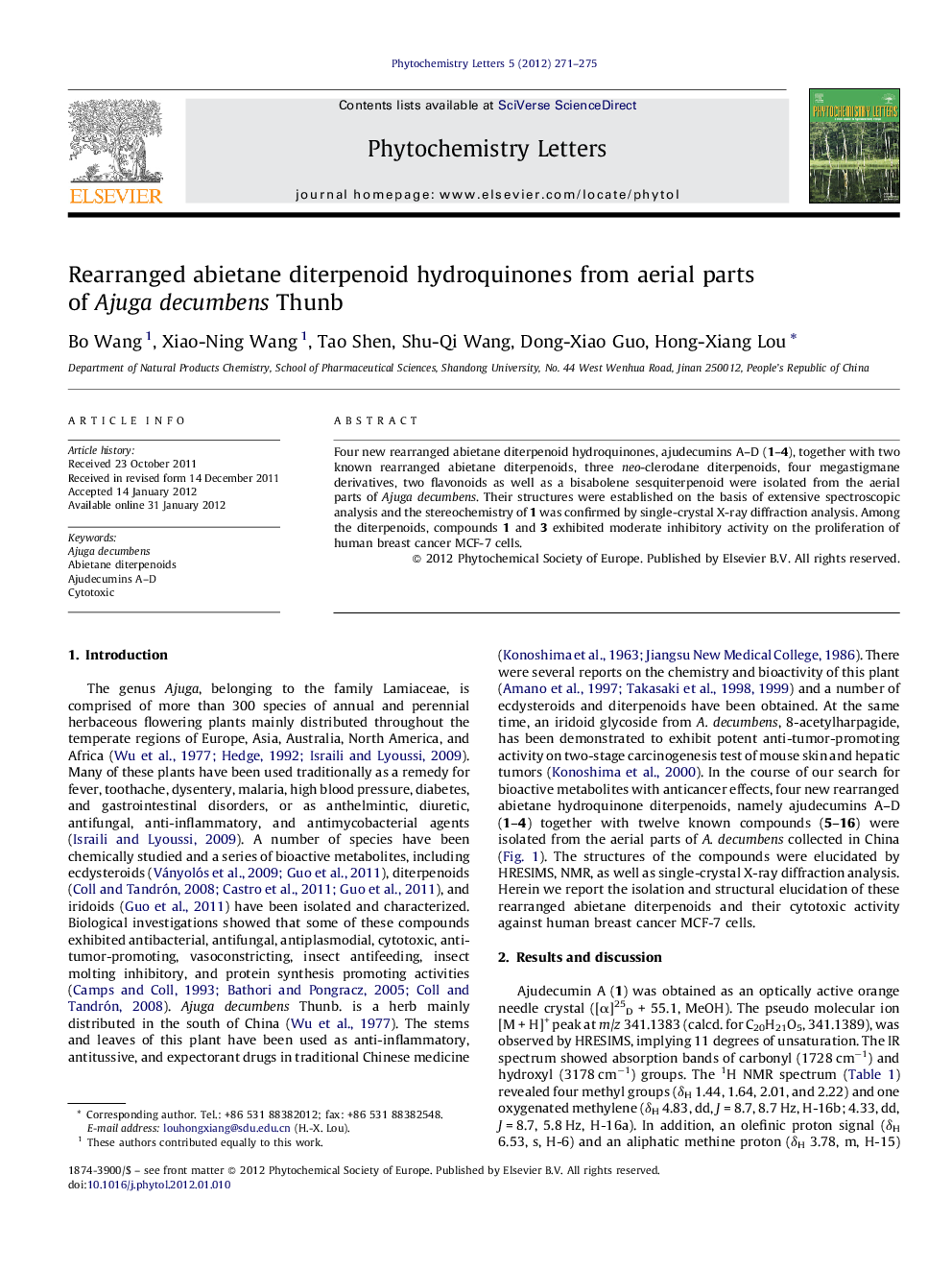 Rearranged abietane diterpenoid hydroquinones from aerial parts of Ajuga decumbens Thunb