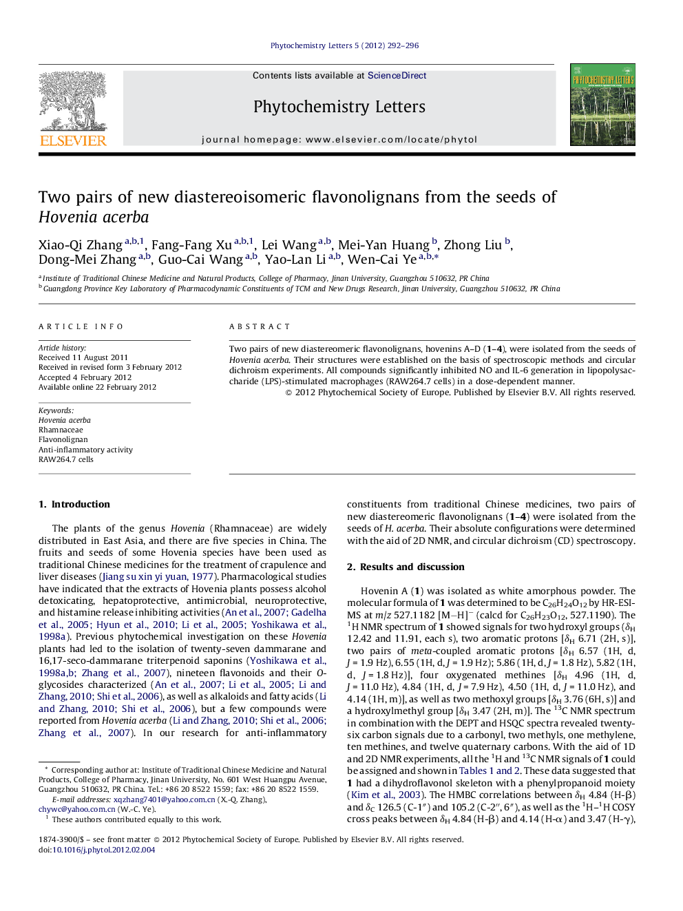 Two pairs of new diastereoisomeric flavonolignans from the seeds of Hovenia acerba