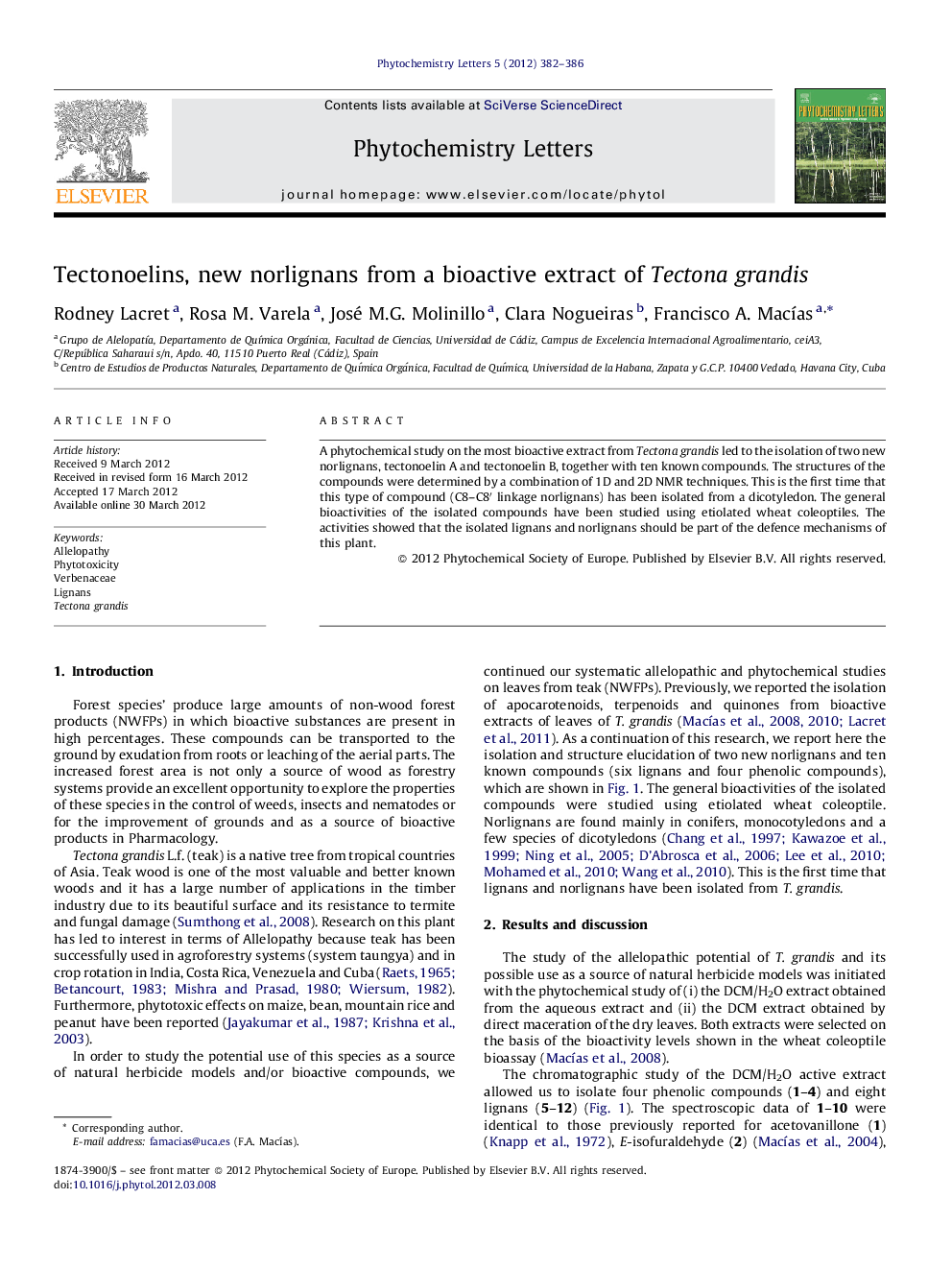 Tectonoelins, new norlignans from a bioactive extract of Tectona grandis