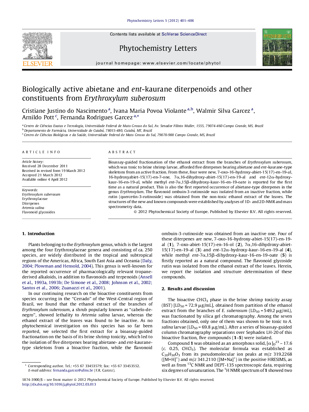 Biologically active abietane and ent-kaurane diterpenoids and other constituents from Erythroxylum suberosum