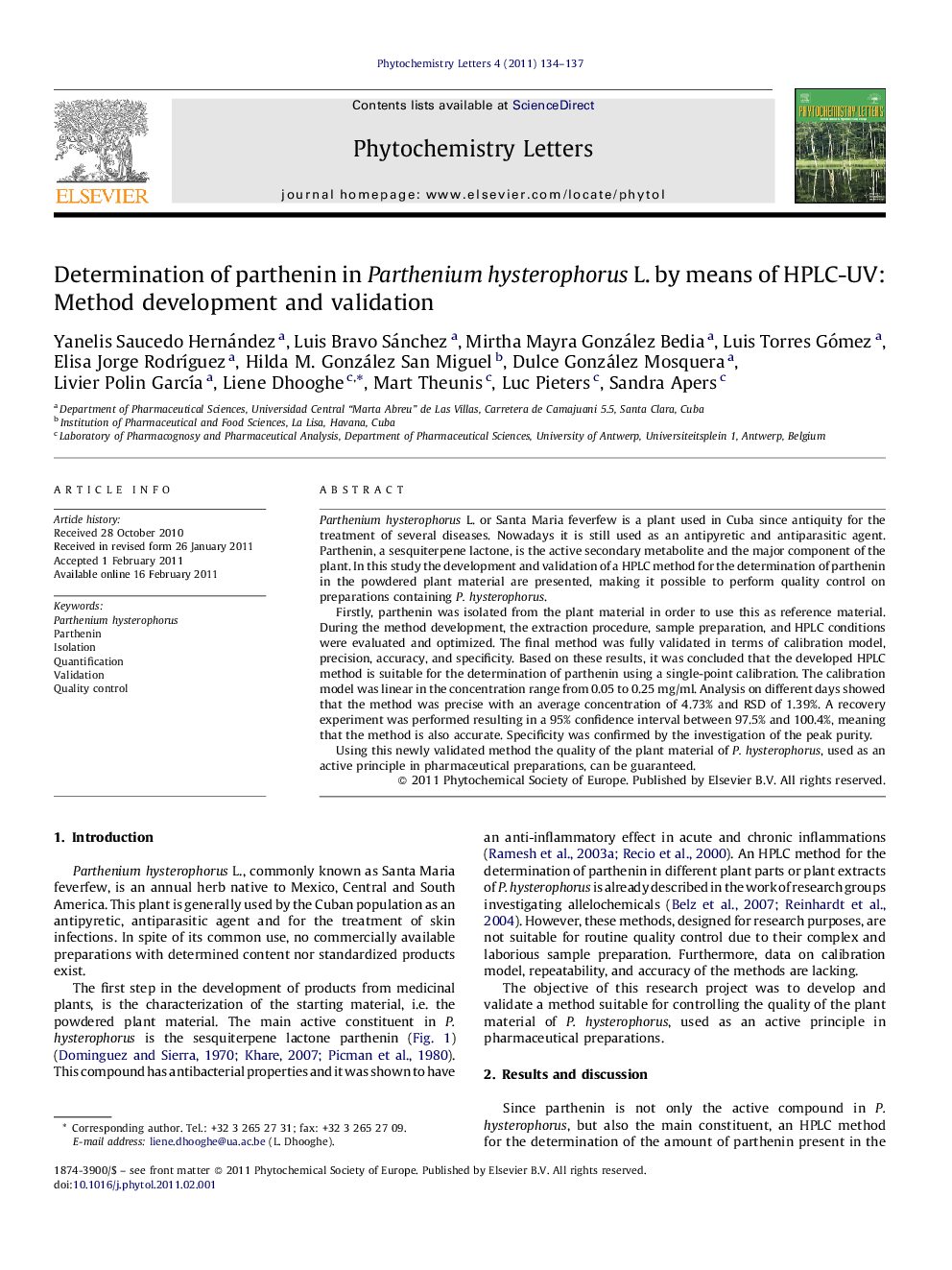 Determination of parthenin in Parthenium hysterophorus L. by means of HPLC-UV: Method development and validation