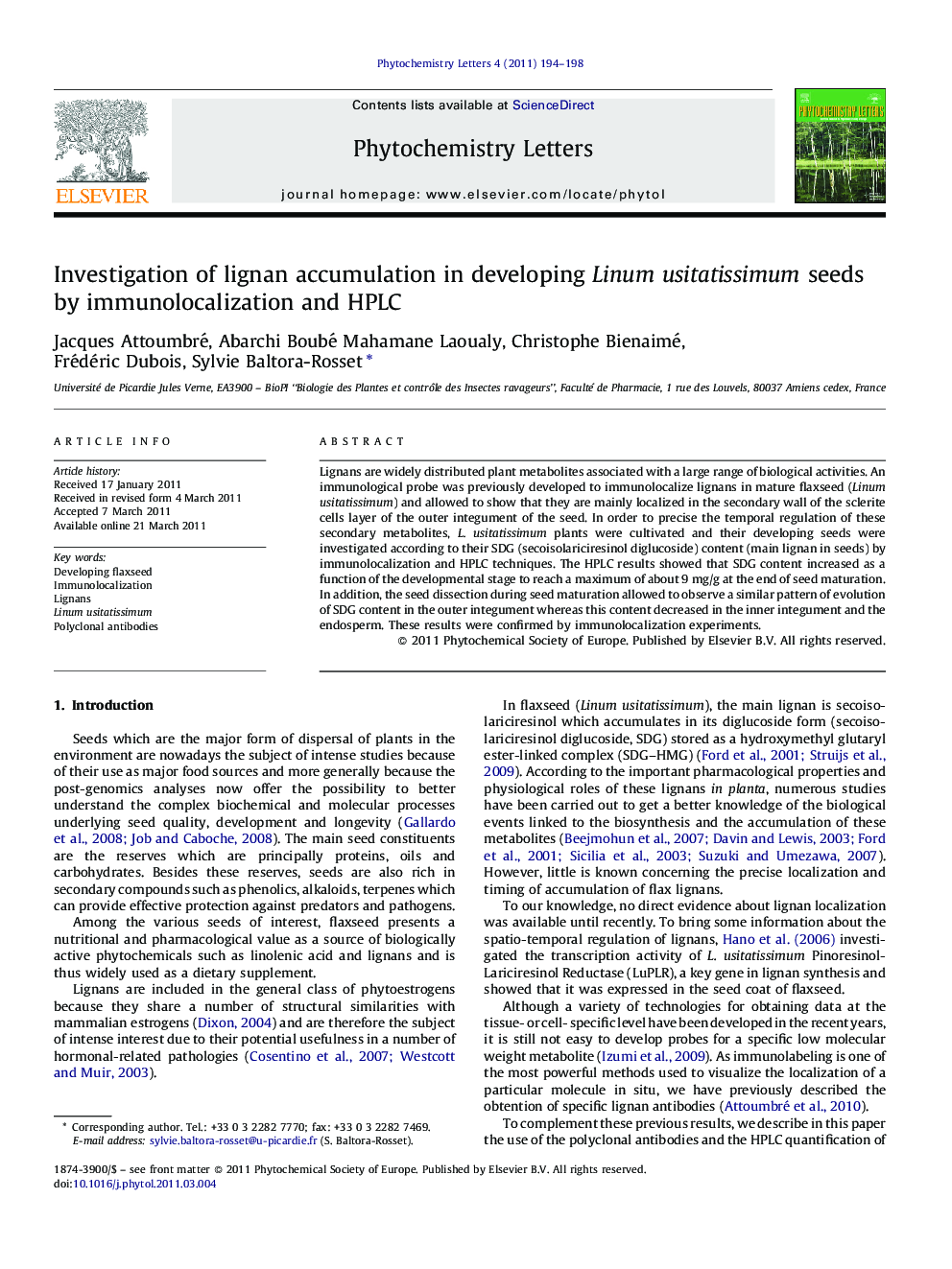 Investigation of lignan accumulation in developing Linum usitatissimum seeds by immunolocalization and HPLC