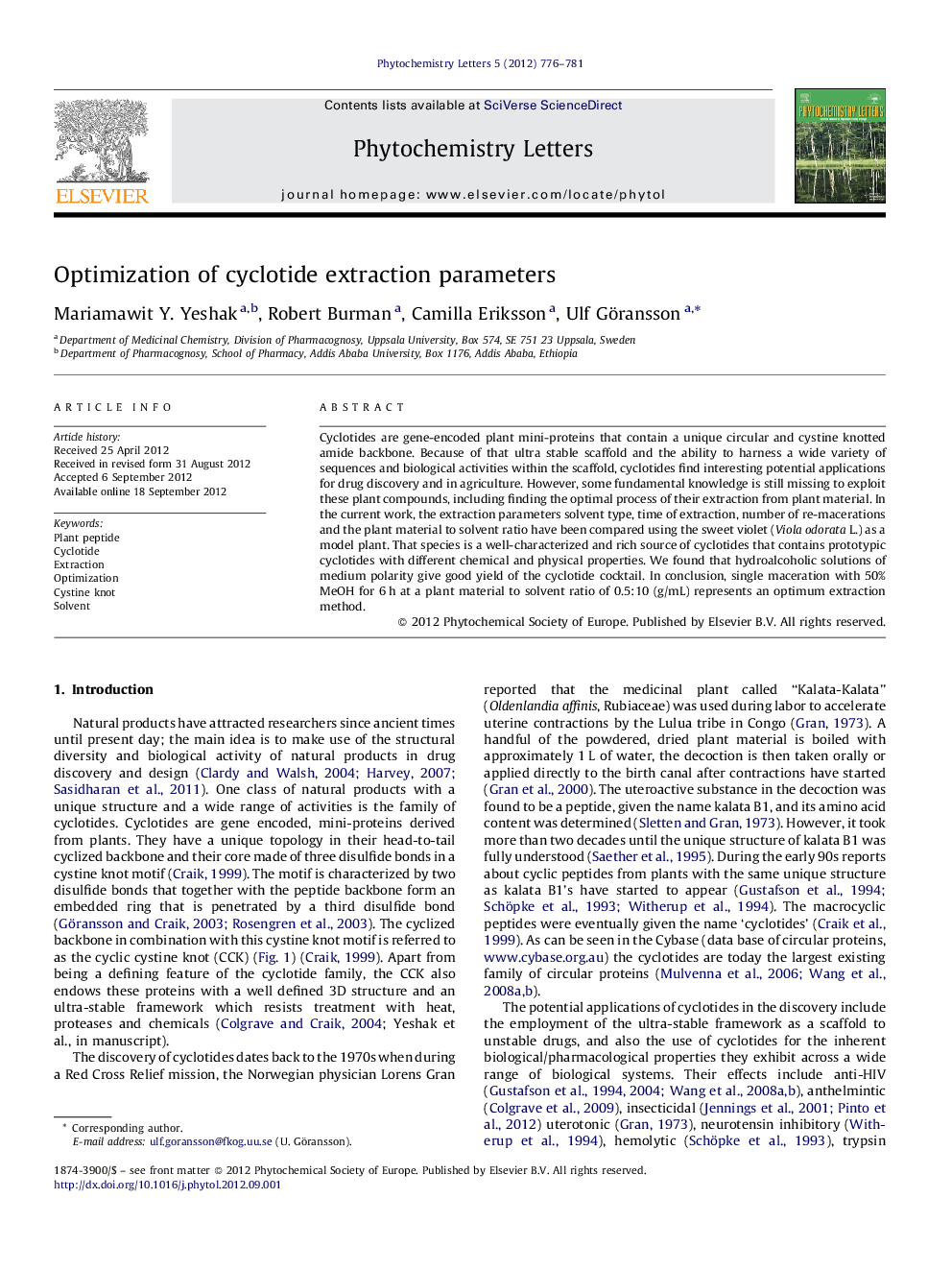 Optimization of cyclotide extraction parameters