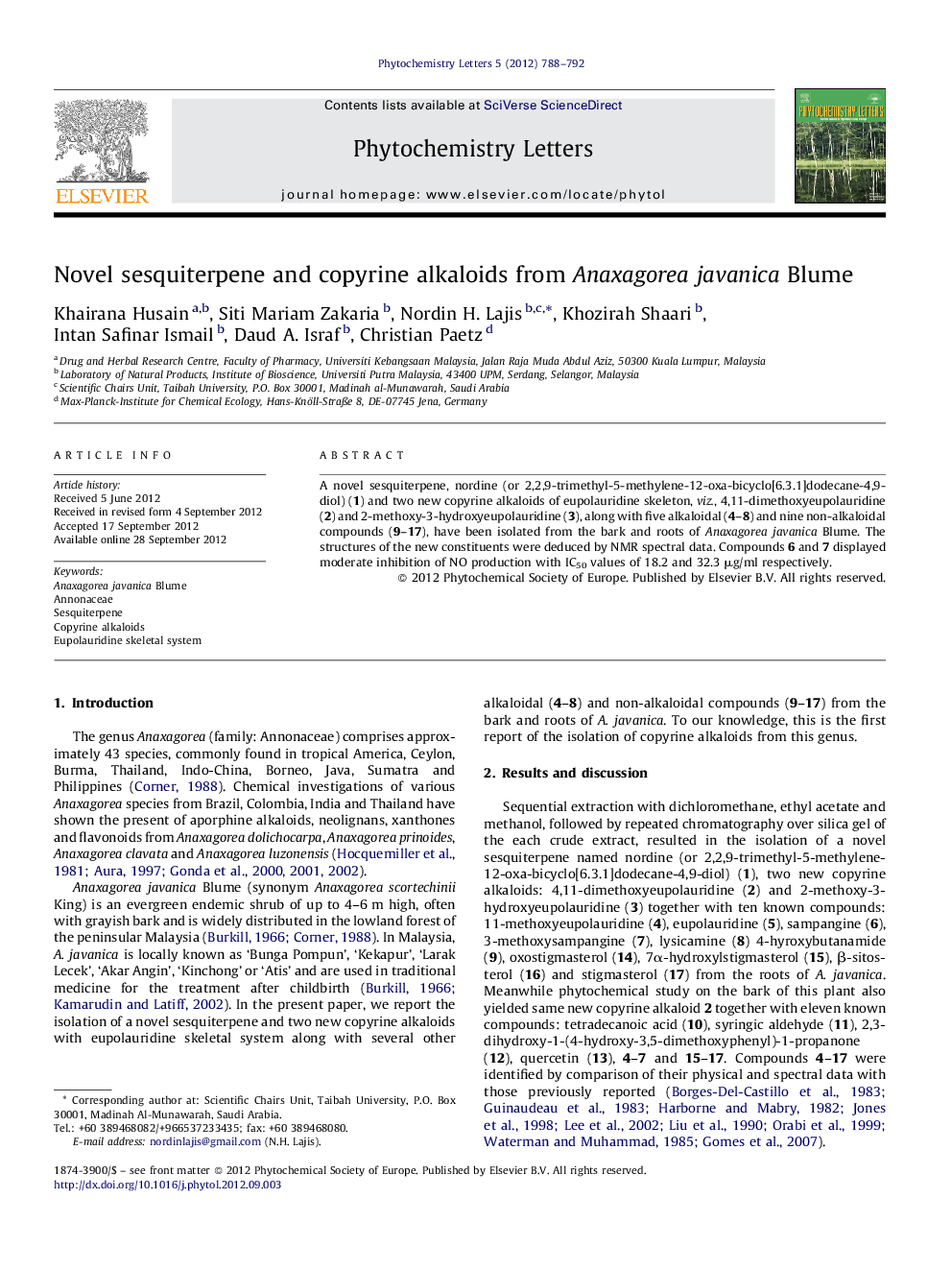 Novel sesquiterpene and copyrine alkaloids from Anaxagorea javanica Blume