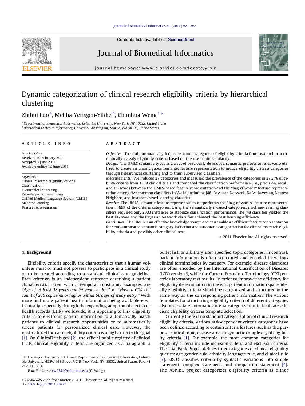 Dynamic categorization of clinical research eligibility criteria by hierarchical clustering