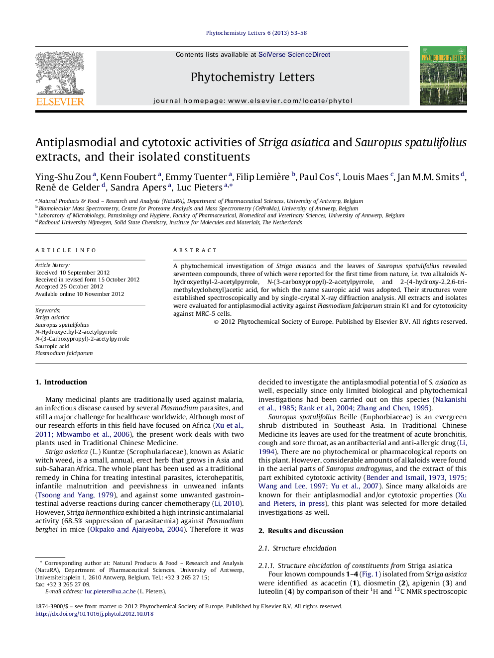 Antiplasmodial and cytotoxic activities of Striga asiatica and Sauropus spatulifolius extracts, and their isolated constituents