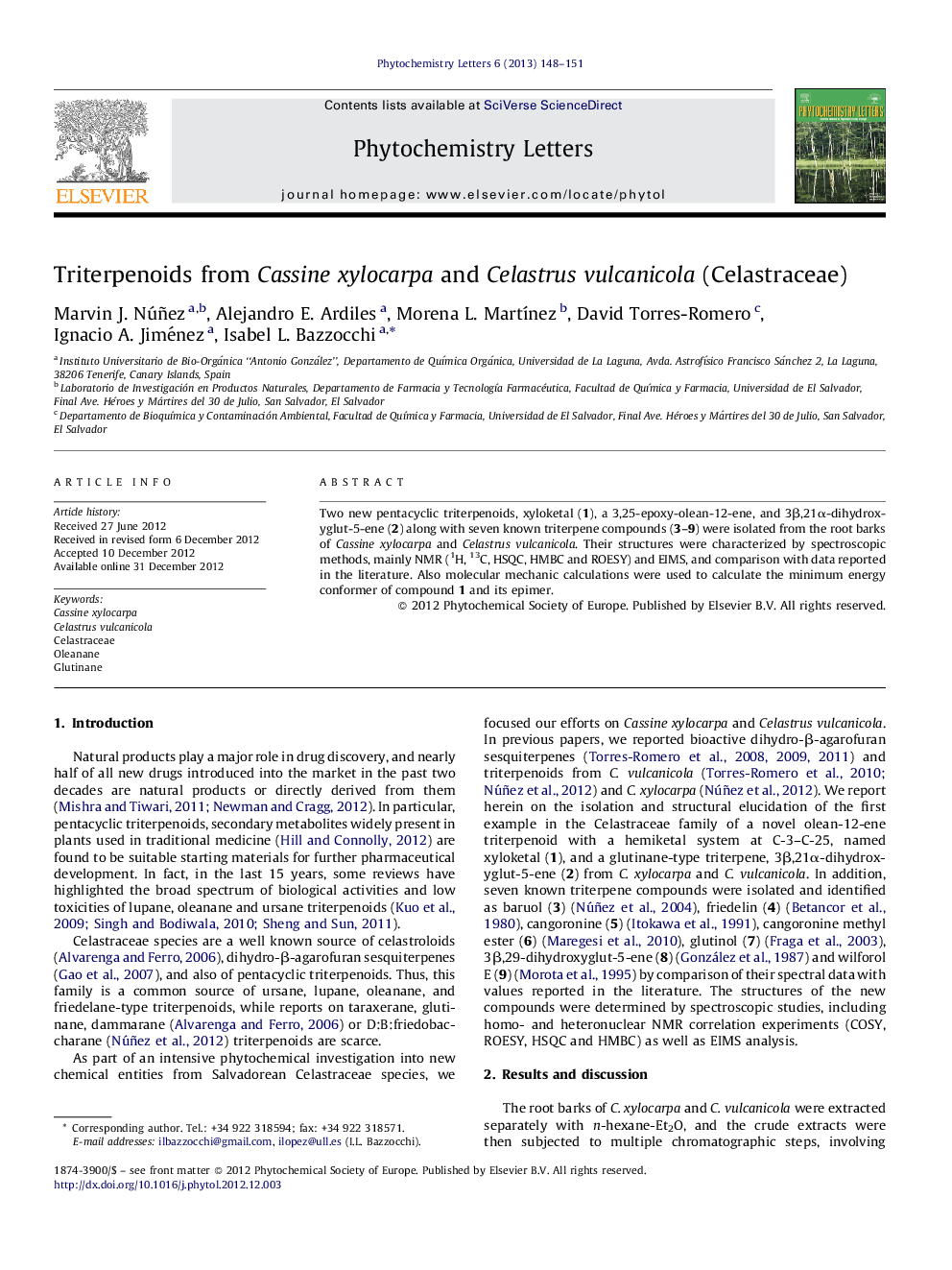 Triterpenoids from Cassine xylocarpa and Celastrus vulcanicola (Celastraceae)