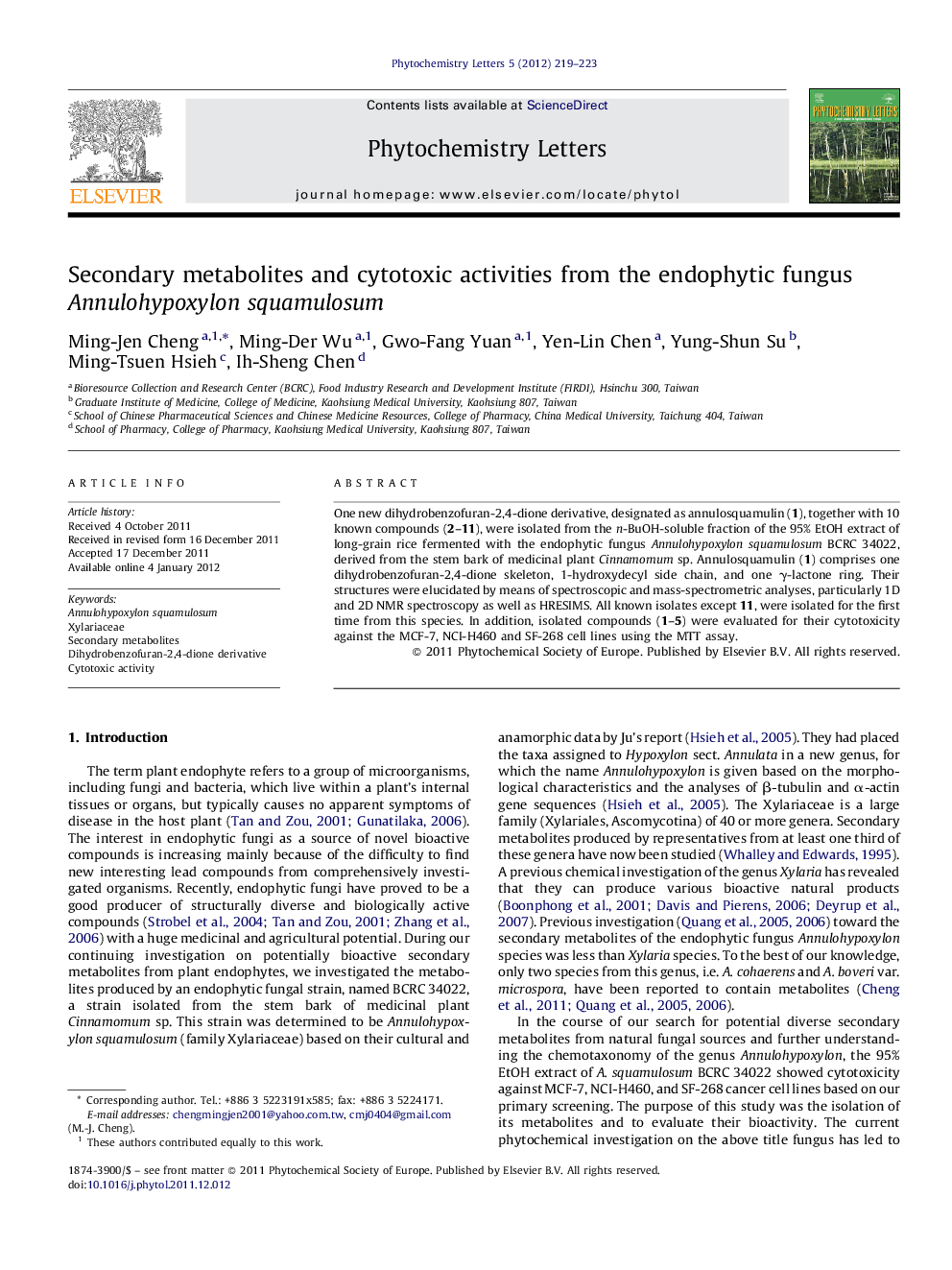 Secondary metabolites and cytotoxic activities from the endophytic fungus Annulohypoxylon squamulosum