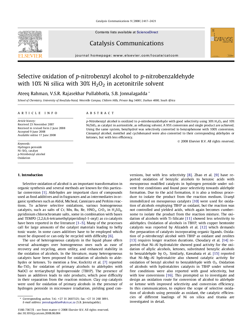 Selective oxidation of p-nitrobenzyl alcohol to p-nitrobenzaldehyde with 10% Ni silica with 30% H2O2 in acetonitrile solvent