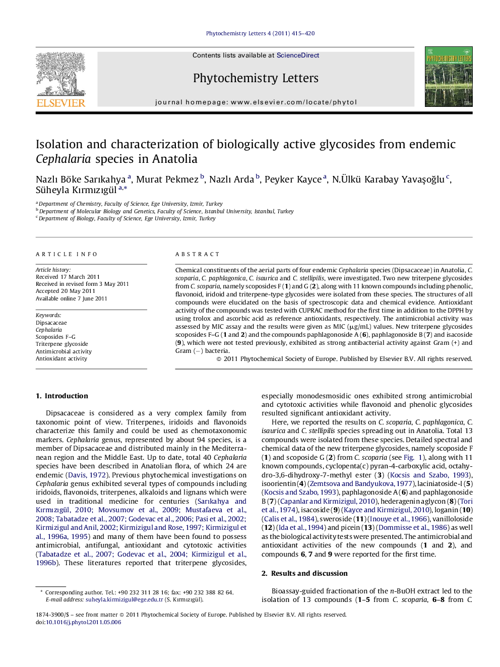 Isolation and characterization of biologically active glycosides from endemic Cephalaria species in Anatolia