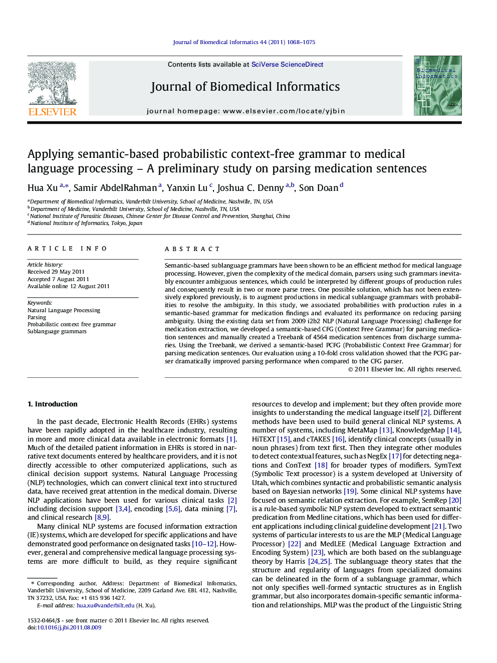 Applying semantic-based probabilistic context-free grammar to medical language processing – A preliminary study on parsing medication sentences