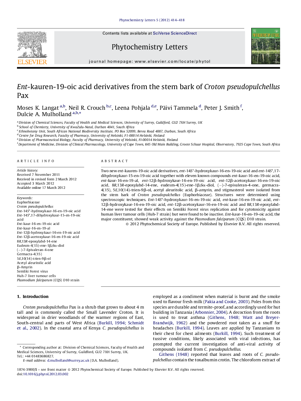 Ent-kauren-19-oic acid derivatives from the stem bark of Croton pseudopulchellus Pax