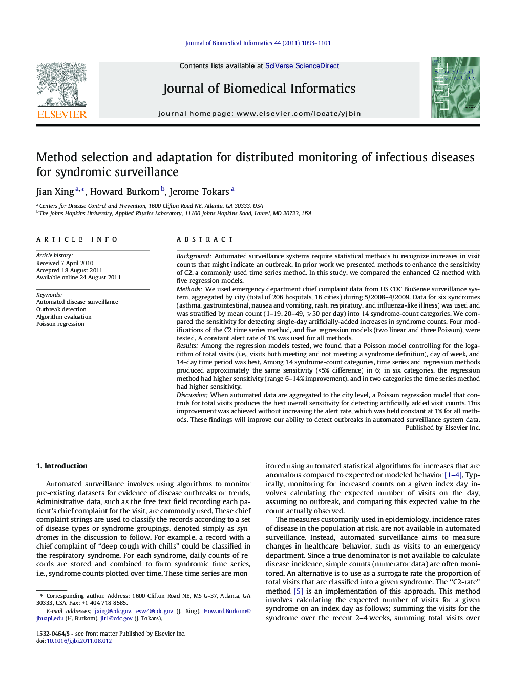 Method selection and adaptation for distributed monitoring of infectious diseases for syndromic surveillance