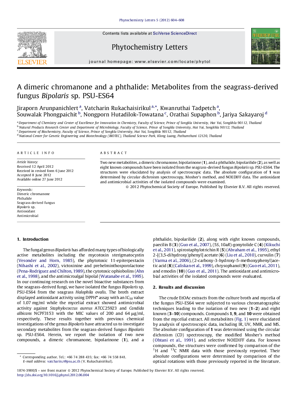 A dimeric chromanone and a phthalide: Metabolites from the seagrass-derived fungus Bipolaris sp. PSU-ES64