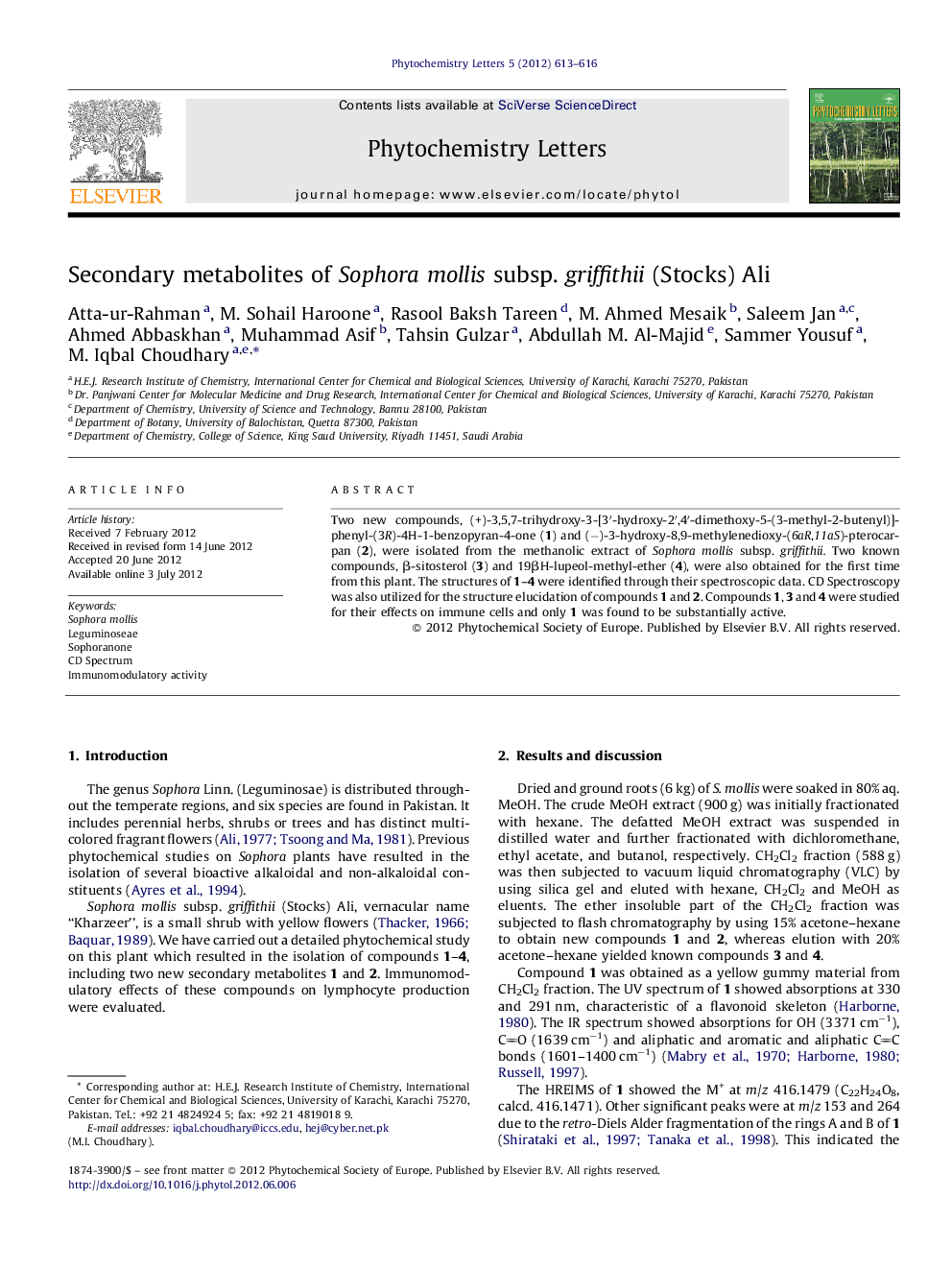 Secondary metabolites of Sophora mollis subsp. griffithii (Stocks) Ali