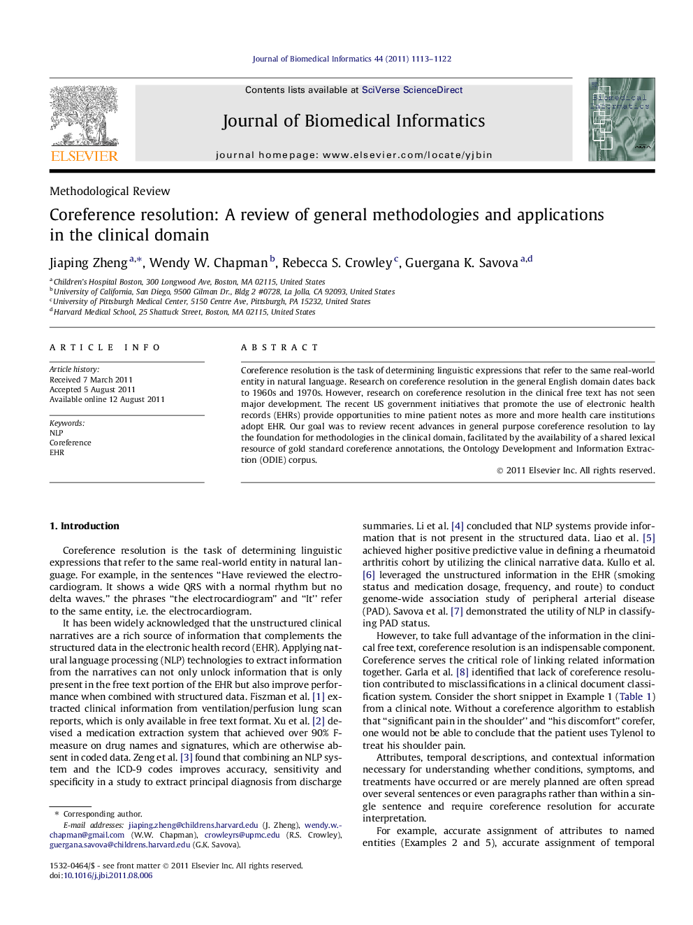 Coreference resolution: A review of general methodologies and applications in the clinical domain