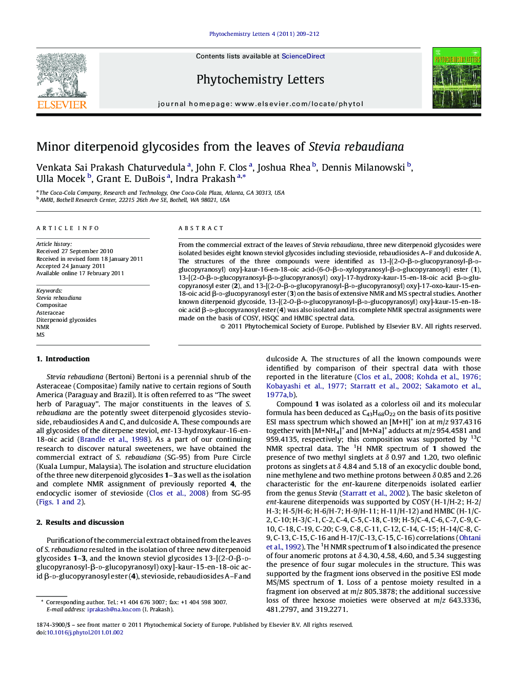 Minor diterpenoid glycosides from the leaves of Stevia rebaudiana