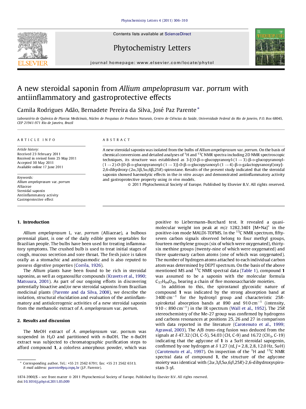 A new steroidal saponin from Allium ampeloprasum var. porrum with antiinflammatory and gastroprotective effects