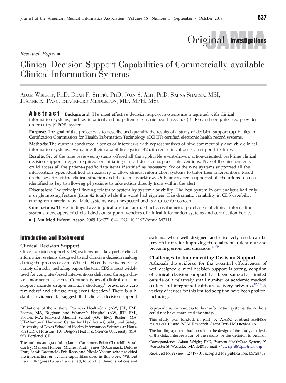 Clinical Decision Support Capabilities of Commercially-available Clinical Information Systems