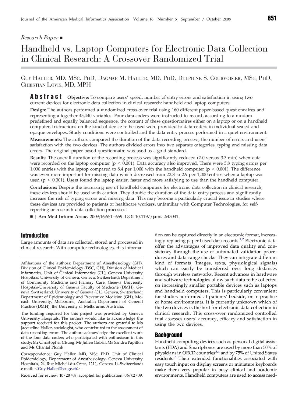 Handheld vs. Laptop Computers for Electronic Data Collection in Clinical Research: A Crossover Randomized Trial