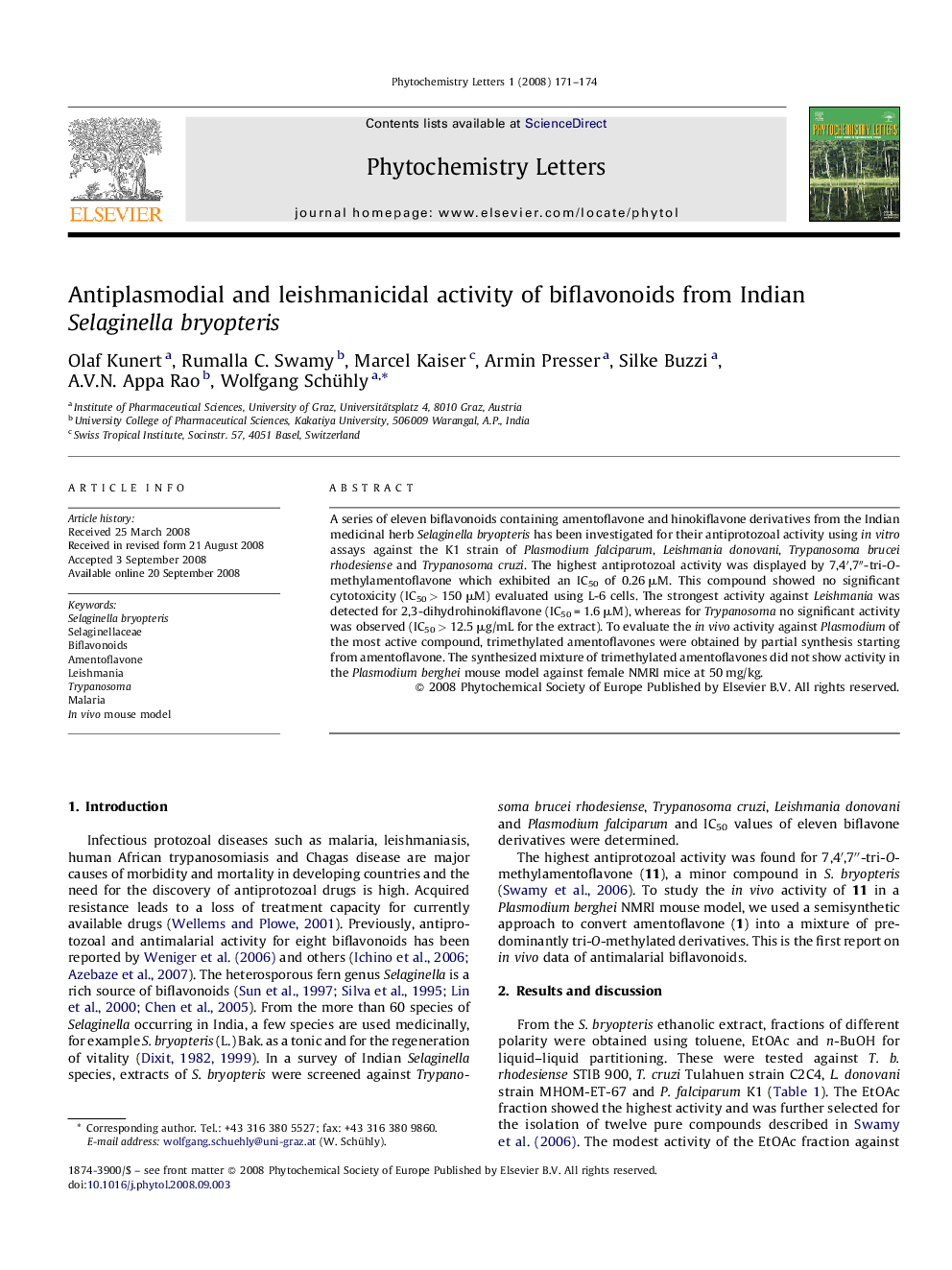 Antiplasmodial and leishmanicidal activity of biflavonoids from Indian Selaginella bryopteris