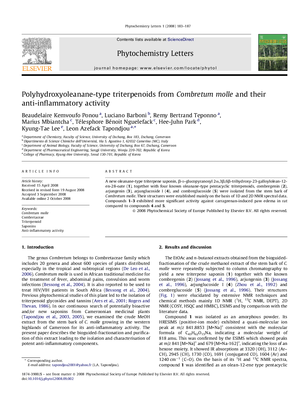 Polyhydroxyoleanane-type triterpenoids from Combretum molle and their anti-inflammatory activity