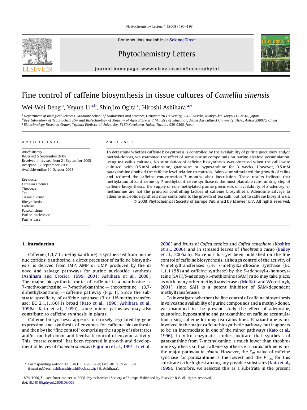 Fine control of caffeine biosynthesis in tissue cultures of Camellia sinensis