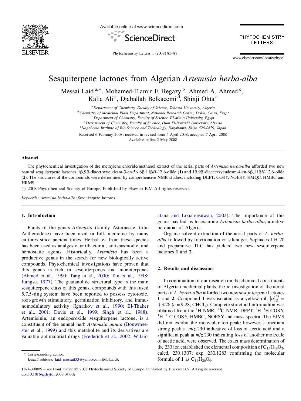 Sesquiterpene lactones from Algerian Artemisia herba-alba