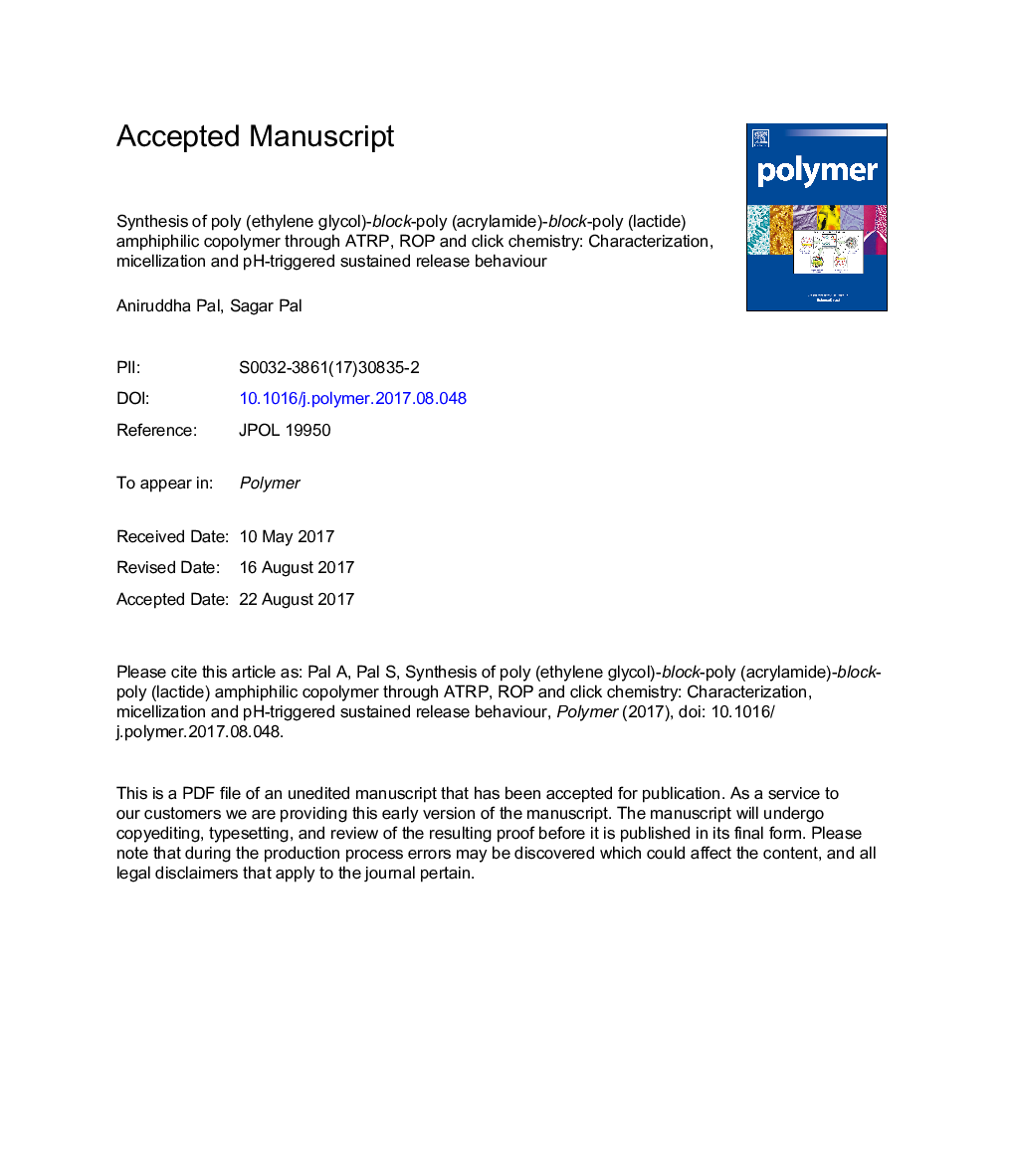 Synthesis of poly (ethylene glycol)-block-poly (acrylamide)-block-poly (lactide) amphiphilic copolymer through ATRP, ROP and click chemistry: Characterization, micellization and pH-triggered sustained release behaviour