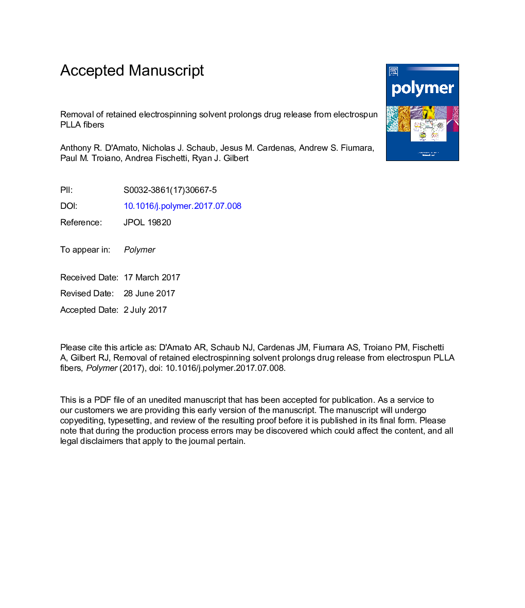 Removal of retained electrospinning solvent prolongs drug release from electrospun PLLA fibers