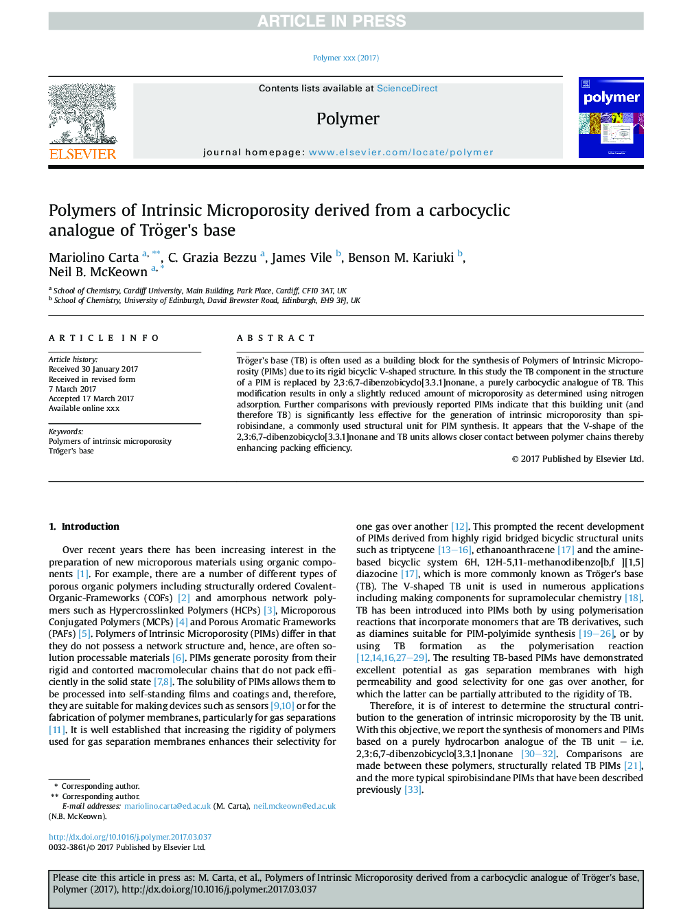 Polymers of Intrinsic Microporosity derived from a carbocyclic analogue of Tröger's base