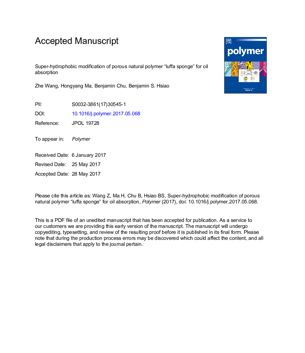 Super-hydrophobic modification of porous natural polymer “luffa sponge” for oil absorption