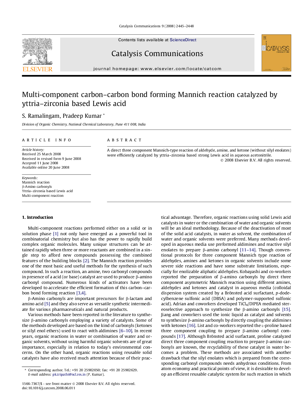 Multi-component carbon–carbon bond forming Mannich reaction catalyzed by yttria–zirconia based Lewis acid