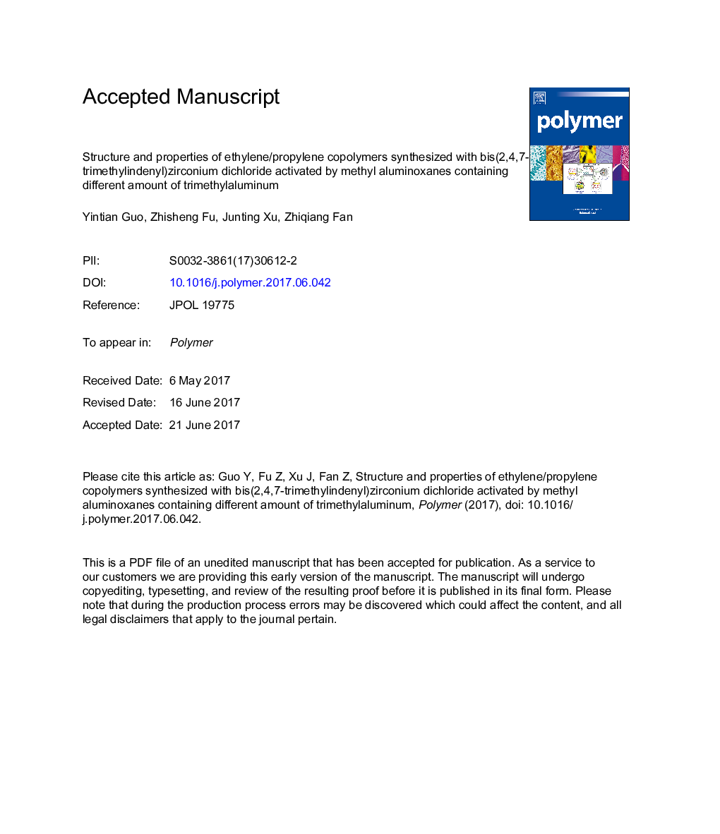 Structure and properties of ethylene/propylene copolymers synthesized with bis(2,4,7-trimethylindenyl)zirconium dichloride activated by methyl aluminoxanes containing different amount of trimethylaluminum