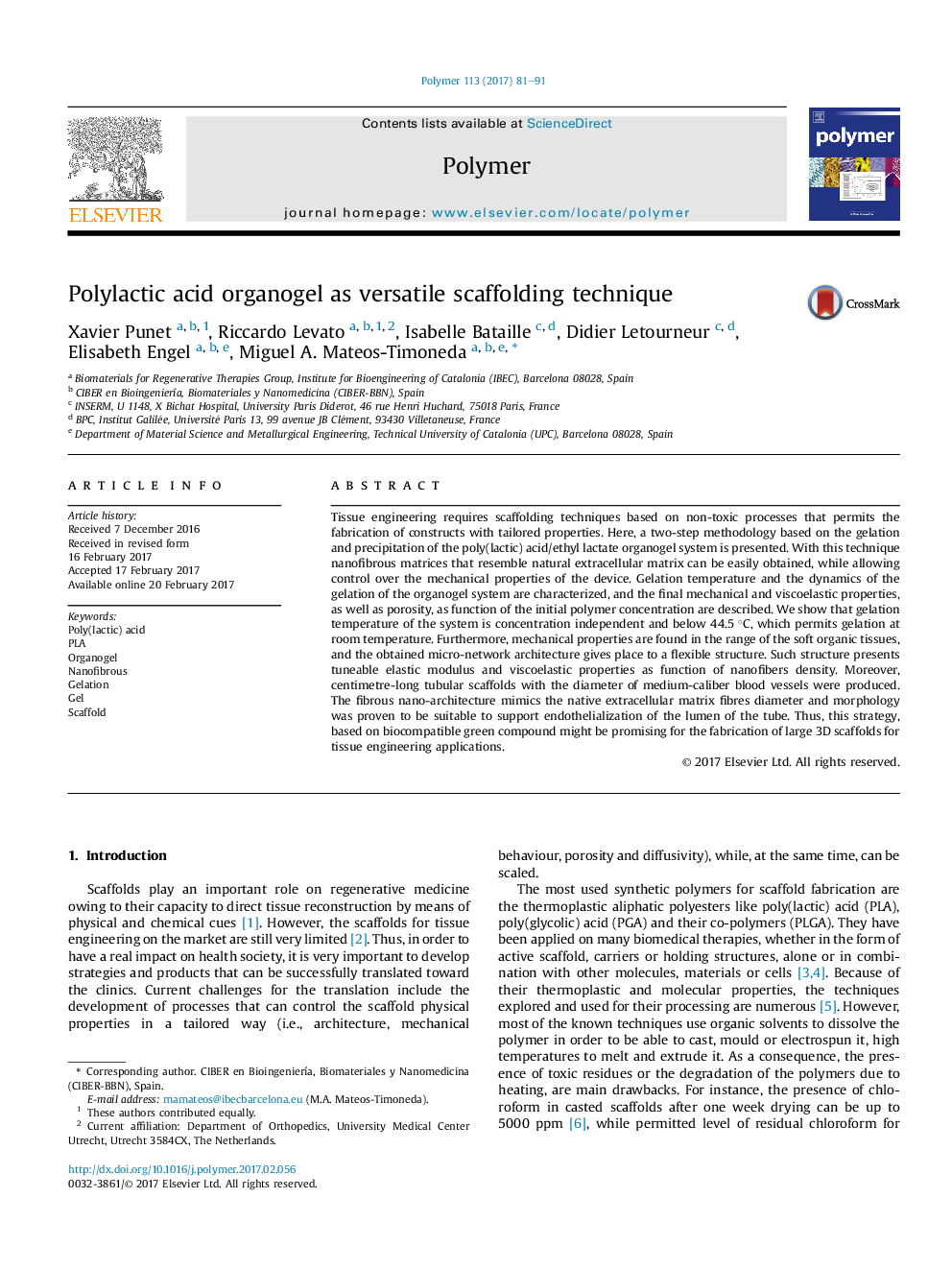 Polylactic acid organogel as versatile scaffolding technique