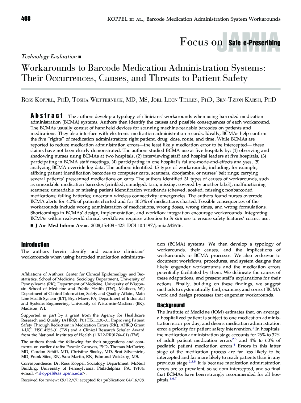عکس صفحه اول مقاله: Workarounds to Barcode Medication Administration Systems: Their Occurrences, Causes, and Threats to Patient Safety Workarounds to Barcode Medication Administration Systems: Their Occurrences, Causes, and Threats to Patient Safety